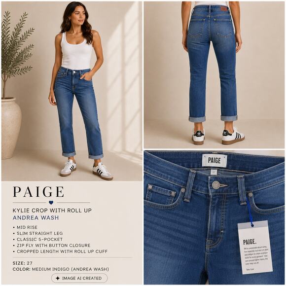 PAIGE Denim - PAIGE Kylie Crop Roll Up Jeans Women's 27 Andrea Wash Mid Rise Skinny Crop Denim